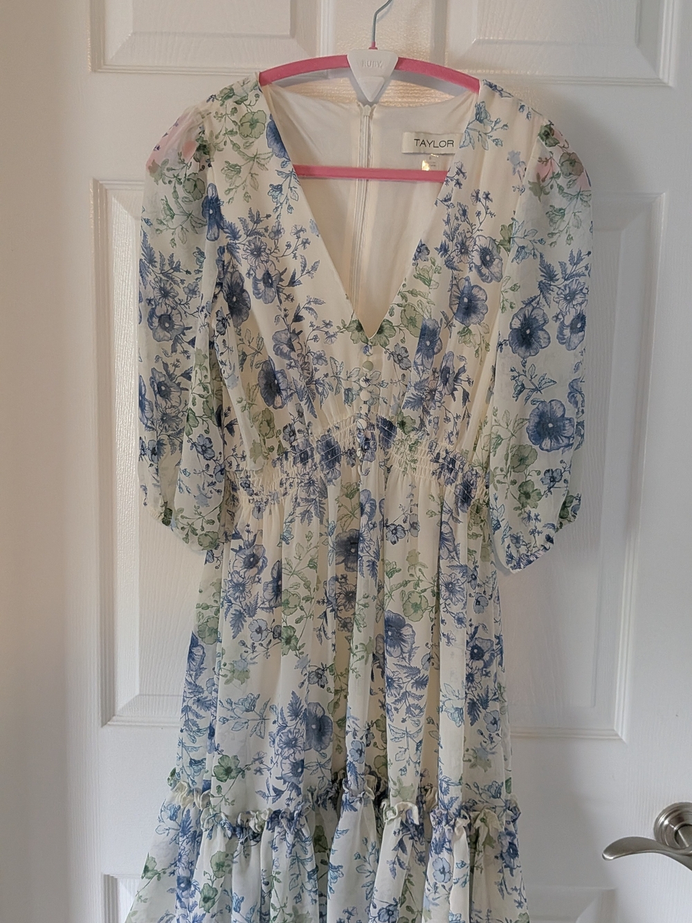 Taylor Blue Green Floral Chiffon Smocked Waist Ruffle Dress Size 8